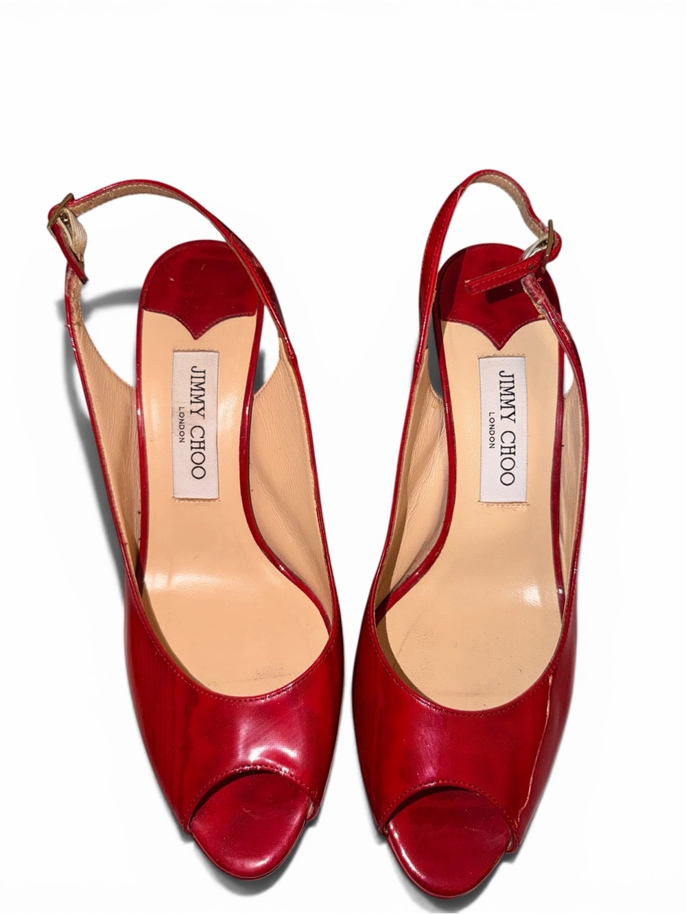 Jimmy Choo Red Patent Leather Peep-Toe Slingback Heels with Gold Buckles